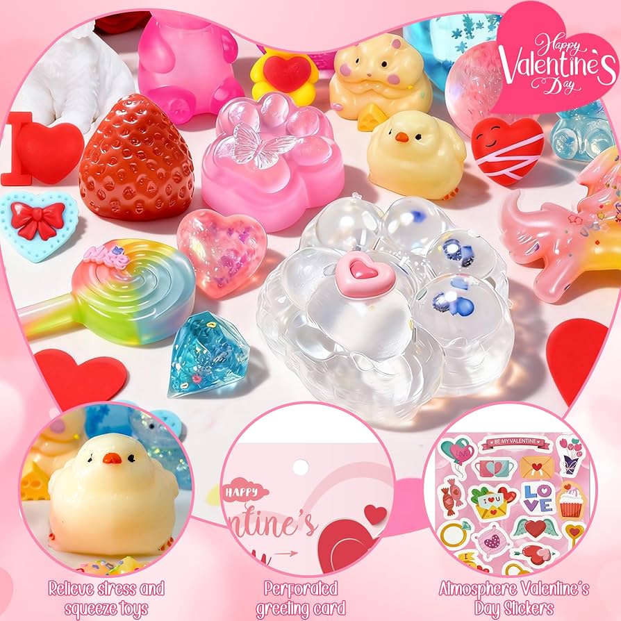 Valentines Day Gifts for Kids - 24Pcs Taba Squishies Kit Fidget Toys with Greeting Cards