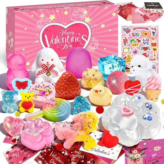 Valentines Day Gifts for Kids - 24Pcs Taba Squishies Kit Fidget Toys with Greeting Cards