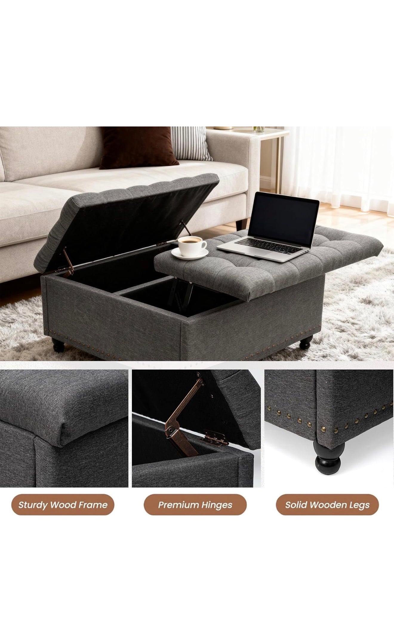 VERCHEL Large Square Storage Ottoman Bench, Dark Gray